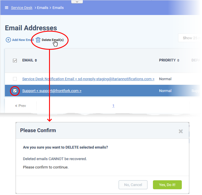 Setup Your Support Email Addresses, Email Settings Comodo One
